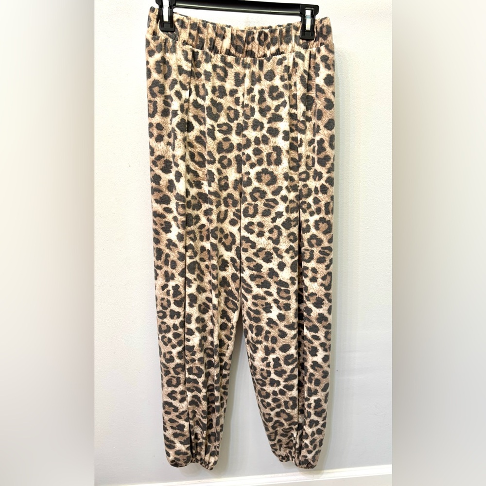 Leopard Print Harem Jogger Pants with Side Slits - Beige/Brown